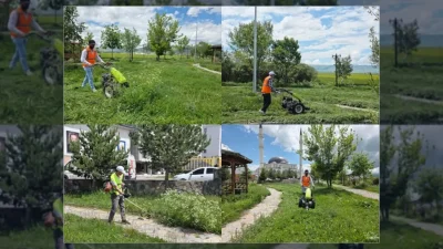 Ardahan Belediyesi ekipleri, mevsimsel yağışlarla büyüyen otları temizleyerek park ve